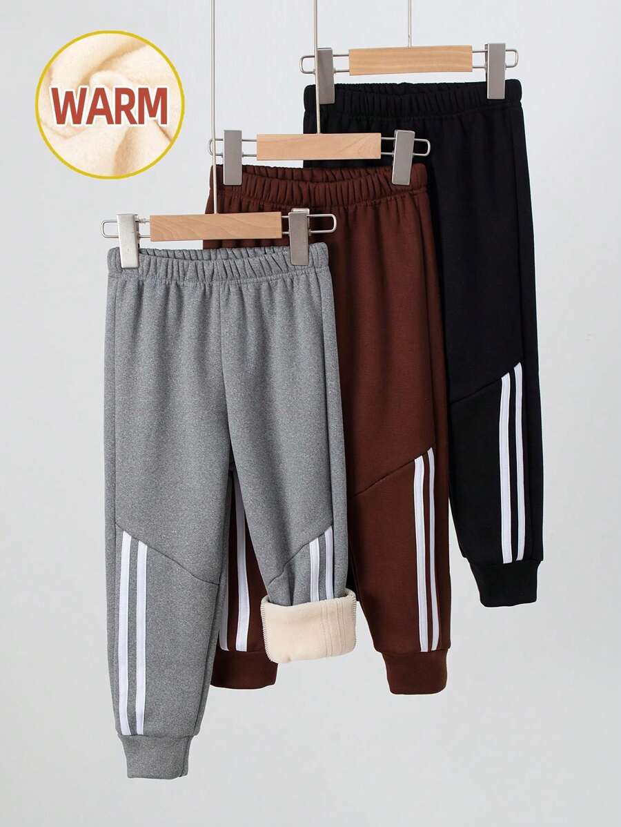 3pcs/Set Boys Striped Print Drawstring Waist Thermal Lined Warm Ankle Cuff Sweatpants, Suitable For Spring Autumn Winter