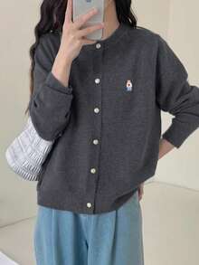 2024 Autumn New Teddy Bear Embroidery Knit Cardigan Sweater For Women, Single-Breasted Round Neck Casual Long Sleeve Knitwear Outwear,Long Sleeve Tops