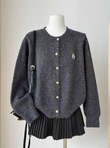 2024 Autumn New Teddy Bear Embroidery Knit Cardigan Sweater For Women, Single-Breasted Round Neck Casual Long Sleeve Knitwear Outwear,Long Sleeve Tops