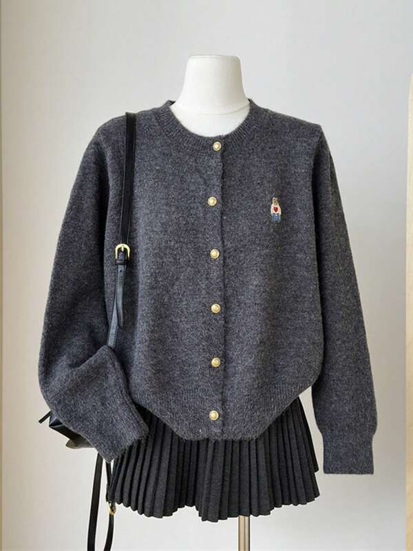 2024 Autumn New Teddy Bear Embroidery Knit Cardigan Sweater For Women, Single-Breasted Round Neck Casual Long Sleeve Knitwear Outwear,Long Sleeve Tops