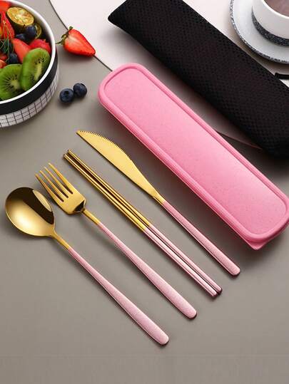 Juego de 4 piezas de cubiertos portátiles de acero inoxidable, utensilios de viaje con estuche, juego de cubiertos reutilizables para camping que incluye tenedor, cuchara, palillos y estuche, adecuado para comida occidental, cocina, lonchera, oficina, picnic, uso diario, Navidad. Se puede combinar como regalo de Navidad, útiles escolares