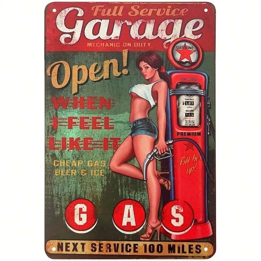 Biển quảng cáo bằng kim loại Vintage Garage Full Service Pin-Up Girl - Trang trí tường bằng sắt cổ điển cho quán cà phê, quán bar, quán rượu - Biển quảng cáo trang trí mới lạ vui nhộn, 20,32x30,48 cm - Lý tưởng cho cả nam và nữ - nhiều màu - Xem 1