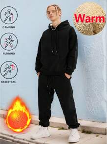 Winter Men's Sports Solid Color Men's Hoodie Kangaroo Bag Hoodie Long Sleeve Warm Hoodie With Velvet Snow Pants Warm Sports Solid Color Pants Winter Warm Suit, Baseball Basketball Riding Rock Climbing Outdoor Classic Thick Hoodie Suit - Black - View 2