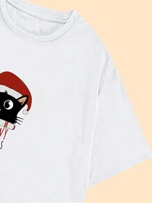 Meowy Christmas Cute Kitten Printed T-Shirt Casual Babylook T-Shirt - trắng - Xem 4