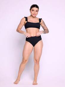 Bikini Top Bandeau Hot Pants High Waist Cropped Ruffle Beach Fashion - 黑色 - 查看 1