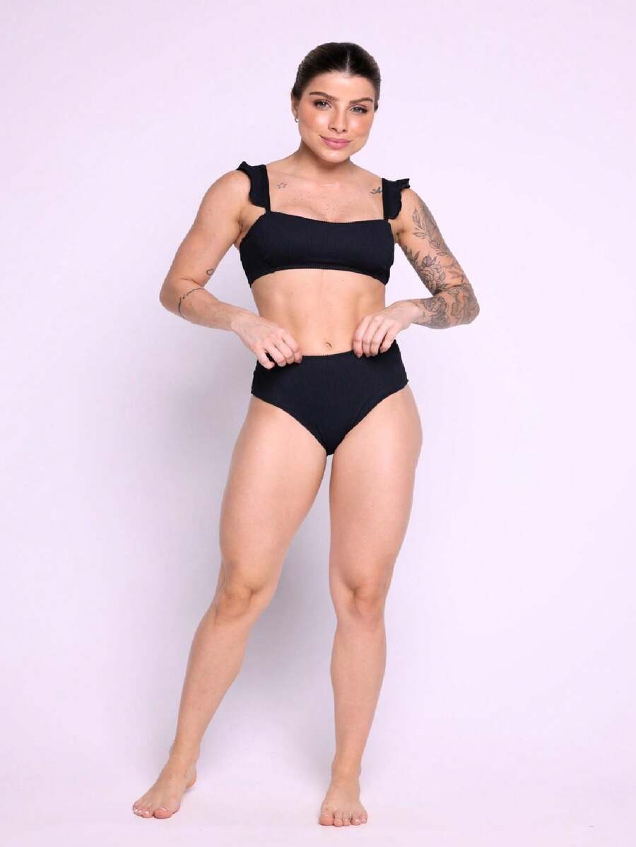 Bikini Top Bandeau Hot Pants High Waist Cropped Ruffle Beach Fashion - 黑色 - 查看 1