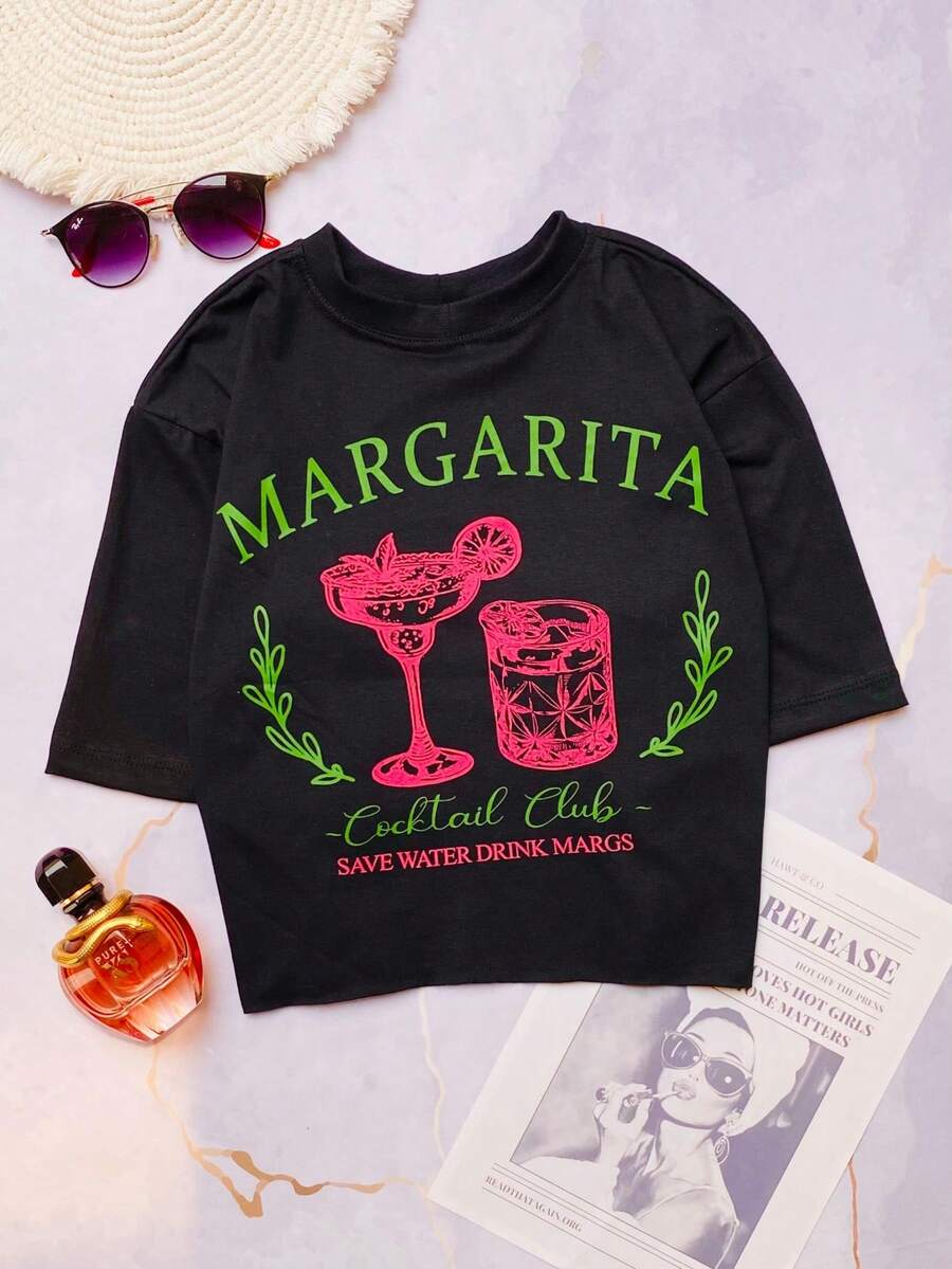Cropped Printed Aesthetic Minimalist Margarita Glass Summer Women Cotton Style Blouse Short T-Shirt - 黑色 - 查看 1