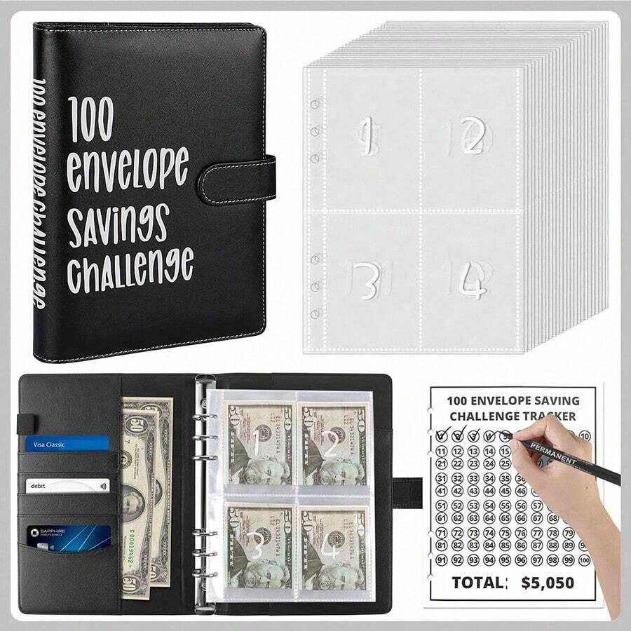 1 件 100 个信封省钱挑战书，带信封，省钱活页夹，100 个信封挑战活页夹套件，A5 预算书 - 轻松有趣地节省 5,050 美元 - 黑色 - 查看 1