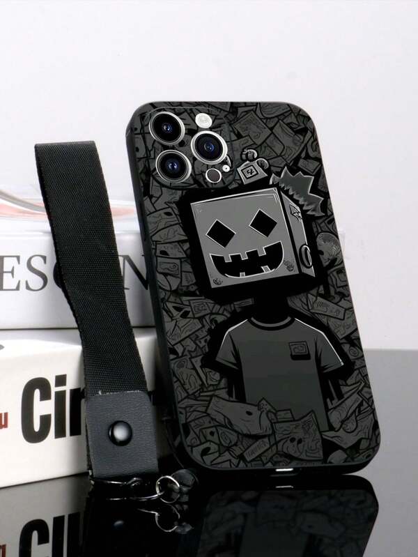 1pc Black TPU Box Head Monster Pattern Shockproof Phone Case And 1pc Black Landmine Buckle Hand Strap, Compatible With IPhone, Android Phones, OPPO, IPhone 16 Pro Max, A14, A54, A52, A31 4G, A23, Redmi Note 8 Pro, 11 Pro 4G, 12 4G, OPPO A54
