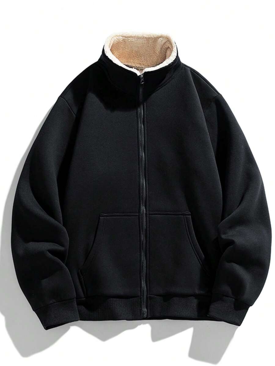 Classic Black Fleece Lined Stand Collar Jacket, Combines Fashion And