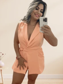 Women's Short Tailored Jumpsuit TANK TOP With Tie Belt - Cá hồi - Xem 1