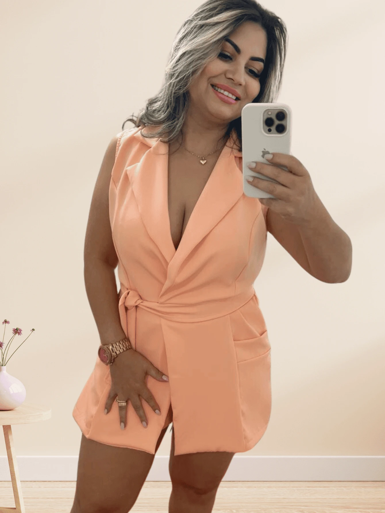 Women's Short Tailored Jumpsuit TANK TOP With Tie Belt - Cá hồi - Xem 1