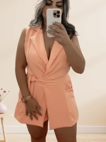 Women's Short Tailored Jumpsuit TANK TOP With Tie Belt - Cá hồi - Xem 3