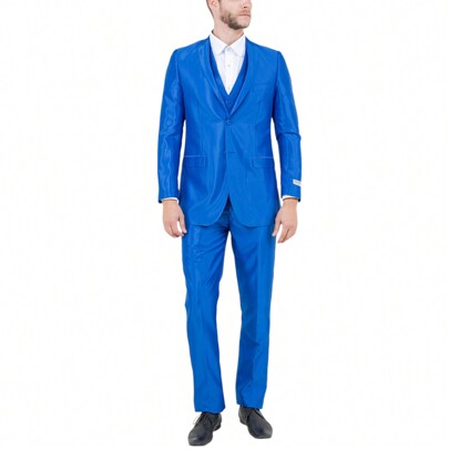 Mens Slim Fit Three Piece Shiny Sharkskin Solid Notch Lapel Suit