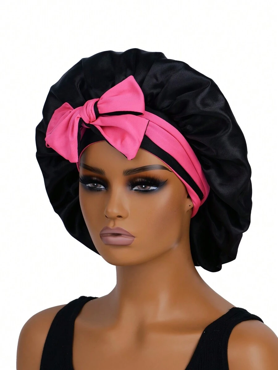 Touca de dormir feminina de cetim com faixa elástica longa, dupla camada, ajustável, bicolor, protege cabelos cacheados e trançados. Ideal para o Dia dos Namorados.