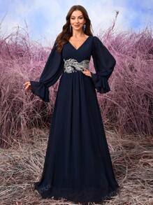 UNITHORSE Ruffle & Sequins Embroidery Decor Chiffon Lantern Sleeve Elegant A-Line Bridesmaid Dress