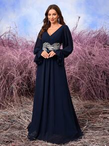 UNITHORSE Ruffle & Sequins Embroidery Decor Chiffon Lantern Sleeve Elegant A-Line Bridesmaid Dress