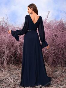 UNITHORSE Ruffle & Sequins Embroidery Decor Chiffon Lantern Sleeve Elegant A-Line Bridesmaid Dress