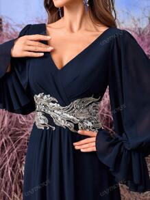 UNITHORSE Ruffle & Sequins Embroidery Decor Chiffon Lantern Sleeve Elegant A-Line Bridesmaid Dress