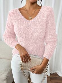 1pc Women's Off-The-Shoulder Sweater, Fashion Loose V-Neck Soft Knit Pullover Top, Versatile & Gentle Casual - Baby Pink - View 3