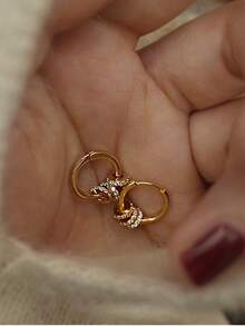 1 chiếc khuyên tai tròn nhỏ đính đá Rhinestone sang trọng nhẹ tinh tế, thiết kế tối giản dành cho phụ nữ - Vàng - Xem 1