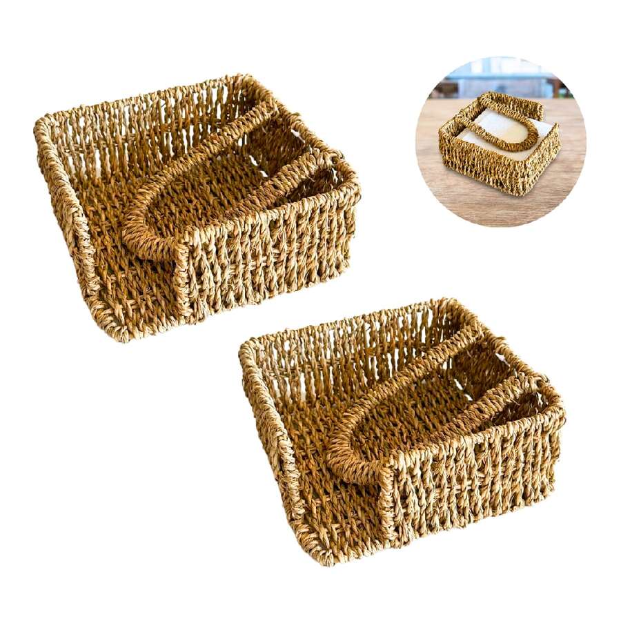 Kit 2 porta guardanapos cozinha bancada mesa bar restaurante servir refeições decorar organizador rústico fibra natural palha trançada rattan decoração festa