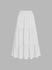 纯色弹性腰部荷叶边下摆中长 A 字裙