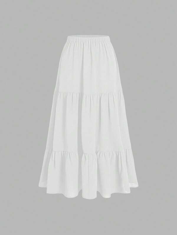 Solid Color Elastic Waist Ruffle Hem Midi Length A-Line Skirt