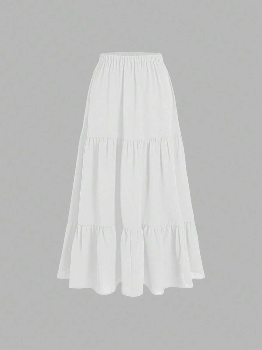 纯色弹性腰部荷叶边下摆中长 A 字裙