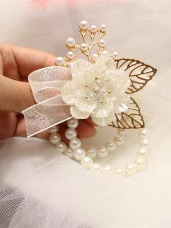 1 st champagnefärgad kristallblomma elastiskt pärlarmband, brudhandledskorsage för bröllop, brudtärna, affärsmöte