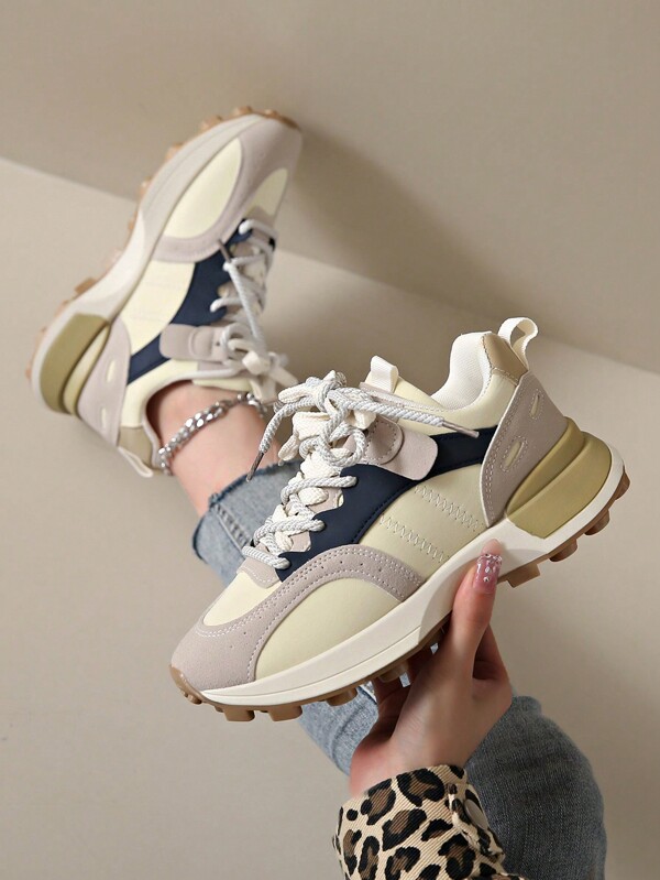 2024 New Women Beige Athleisure Sneakers, Thick Sole Chunky Sneakers For All Seasons, Multi-Color, Elevated, Mesh Spliced Flat Casual Shoes