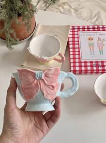1pc 180ml Hand-Painted Bow Ceramic Coffee Cup, Handcrafted Flattened Handle Mug, Suitable For Cafe Latte, Manual Coffee, Office Milk Cup, Water Cup, Holiday Gift, Girlfriends Cup, Afternoon Tea Cup, Holiday Decoration Back To School Back To School