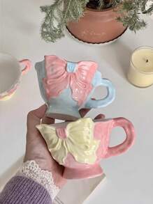 1pc 180ml Hand-Painted Bow Ceramic Coffee Cup, Handcrafted Flattened Handle Mug, Suitable For Cafe Latte, Manual Coffee, Office Milk Cup, Water Cup, Holiday Gift, Girlfriends Cup, Afternoon Tea Cup, Holiday Decoration Back To School Back To School