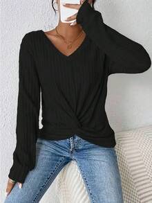 Women Twist Hem V-Neck Long Sleeve Ribbed Casual Top, Spring & Autumn - Black - View 1