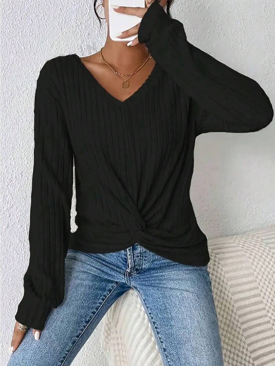 Women Twist Hem V-Neck Long Sleeve Ribbed Casual Top, Spring & Autumn - Black - View 1