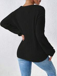 Women Twist Hem V-Neck Long Sleeve Ribbed Casual Top, Spring & Autumn - Black - View 3