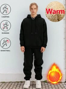 Winter Men's Sports Solid Color Men's Hoodie Kangaroo Bag Hoodie Long Sleeve Warm Hoodie With Velvet Snow Pants Warm Sports Solid Color Pants Winter Warm Suit, Baseball Basketball Riding Rock Climbing Outdoor Classic Thick Hoodie Suit - Black - View 4