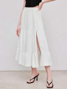 纯色弹性腰部荷叶边下摆中长 A 字裙