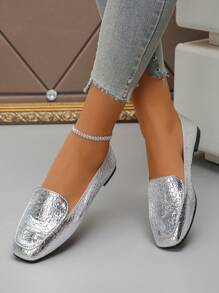 Încălțăminte plat cu vârf pătrat de primăvară/toamnă, pantofi cu slip-on cu vârf pătrat, pantofi casual de modă în aer liber, pantofi versatili pentru femei, cu vamp joasă, mărimea 35-43, potriviti cu rochie, imprimeu de crocodil argintiu