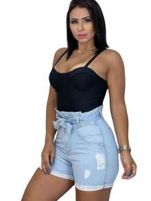Women Denim Shorts - 淺色水洗藍 - 查看 3