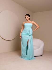 Luna Shiny Tulle Long Bridesmaid Dress - Màu xanh lam - Xem 4