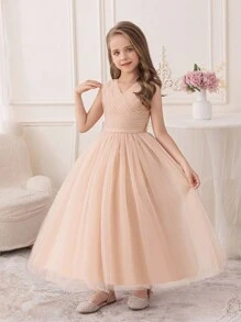 少女香槟色生日派对长款薄纱公主裙、花童伴娘婚纱 - 香檳色 - 查看 4