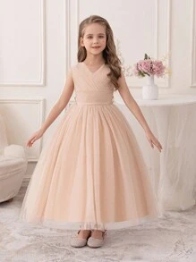 少女香槟色生日派对长款薄纱公主裙、花童伴娘婚纱 - 香檳色 - 查看 3
