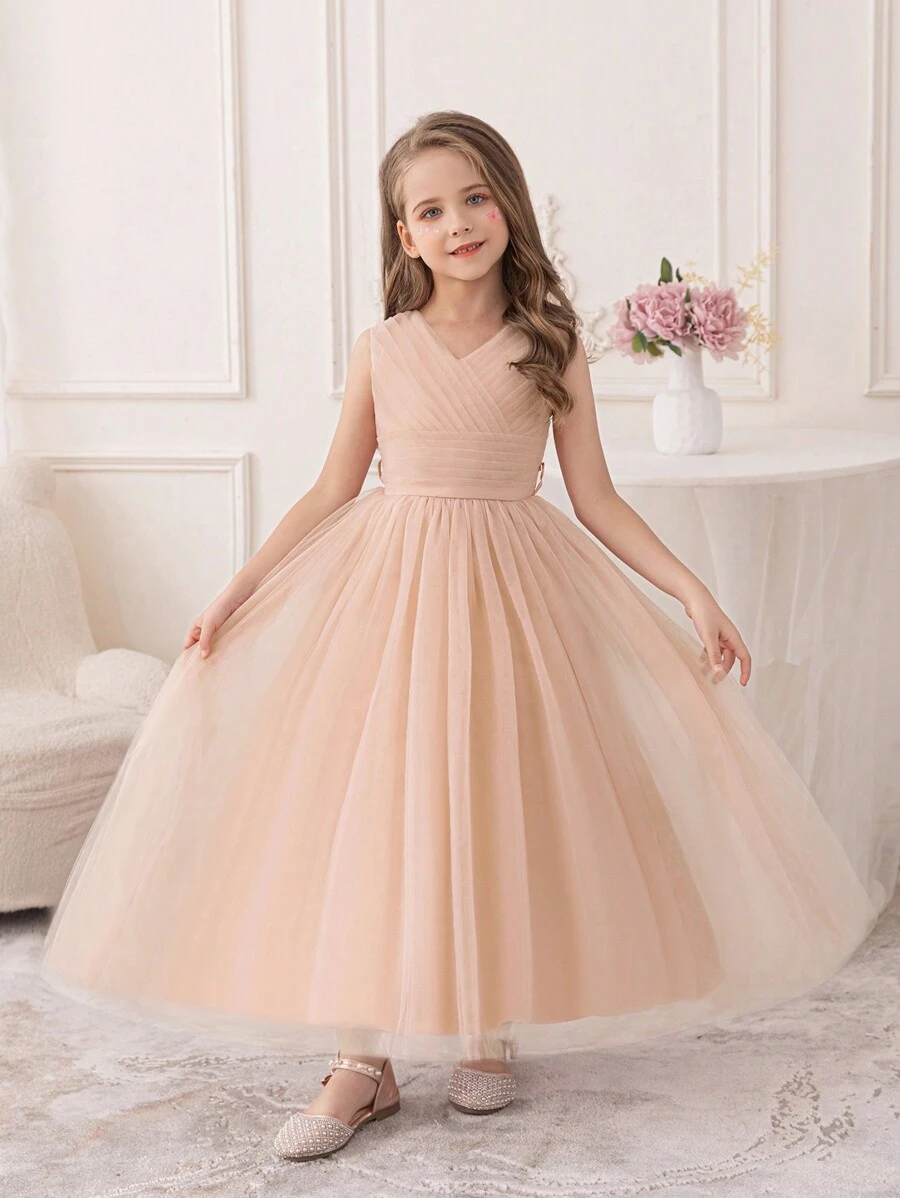 少女香槟色生日派对长款薄纱公主裙、花童伴娘婚纱