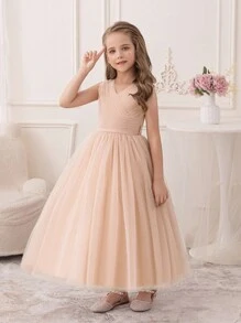 少女香槟色生日派对长款薄纱公主裙、花童伴娘婚纱 - 香檳色 - 查看 5