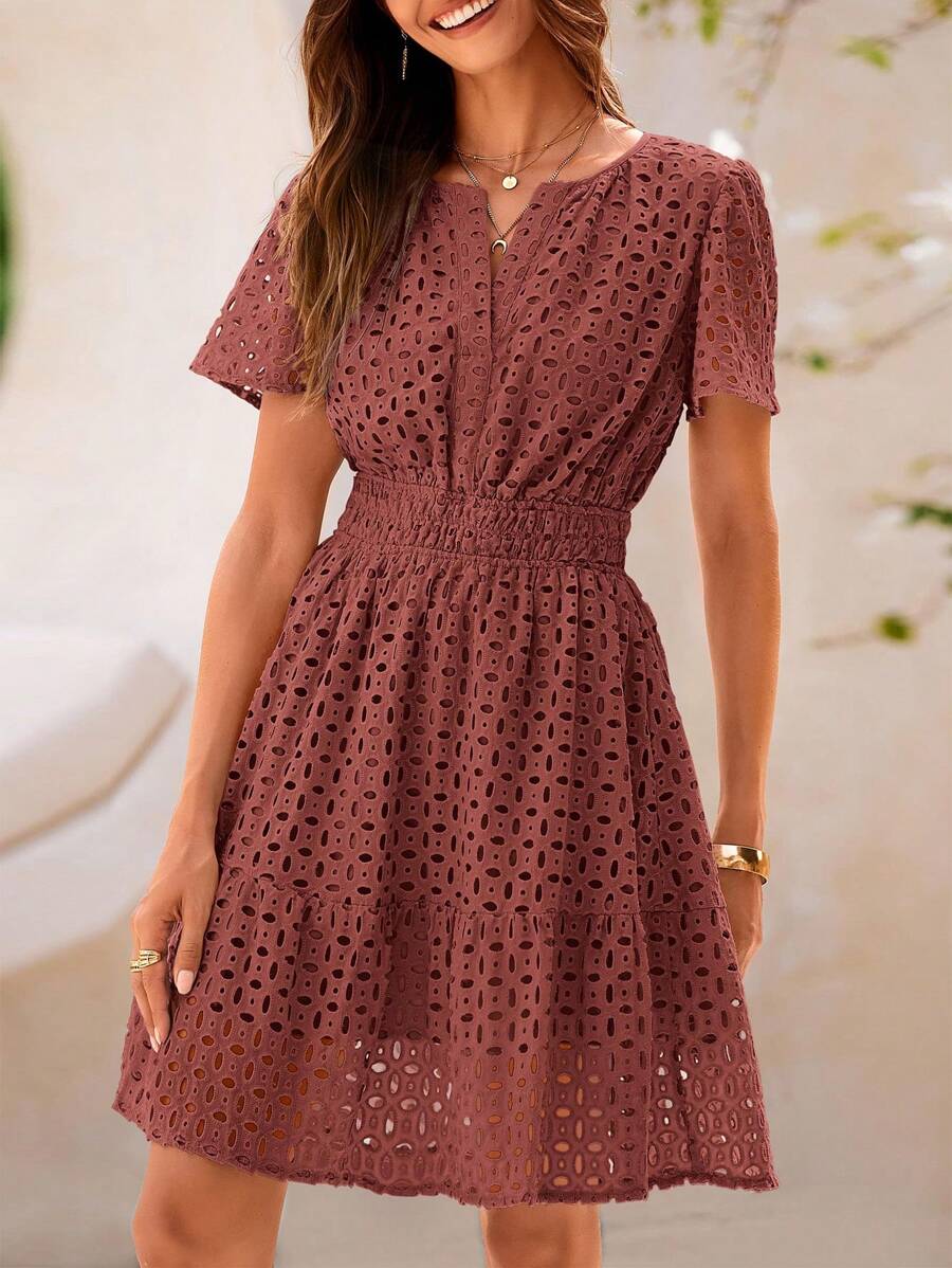 Women's Summer Skirt V-Neck Short Sleeve A-Line Hollow Lace Ruffled Cute Casual Dress - Đỏ nâu - Xem 1