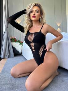 1 Bộ đồ lót liền thân hở cổ bất đối xứng màu đen gợi cảm - màu đen - Xem 2