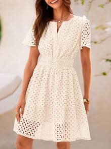 Women's Summer Skirt V-Neck Short Sleeve A-Line Hollow Lace Ruffled Cute Casual Dress - Màu be - Xem 1