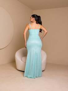 Manu Shiny Tulle Long Bridesmaid Dress - 藍色 - 查看 5