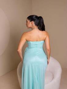 Luna Shiny Tulle Long Bridesmaid Dress - Màu xanh lam - Xem 3
